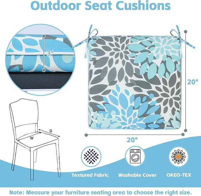 COZYVIDA Outdoor Chair Cushions Set of 4, 20"x20" Square Seat Pads with Tie Straps and YKK Zippers, 30D High-Density Foam, Water-Resistant Fabric,UV-Resistant 1000+ Hrs