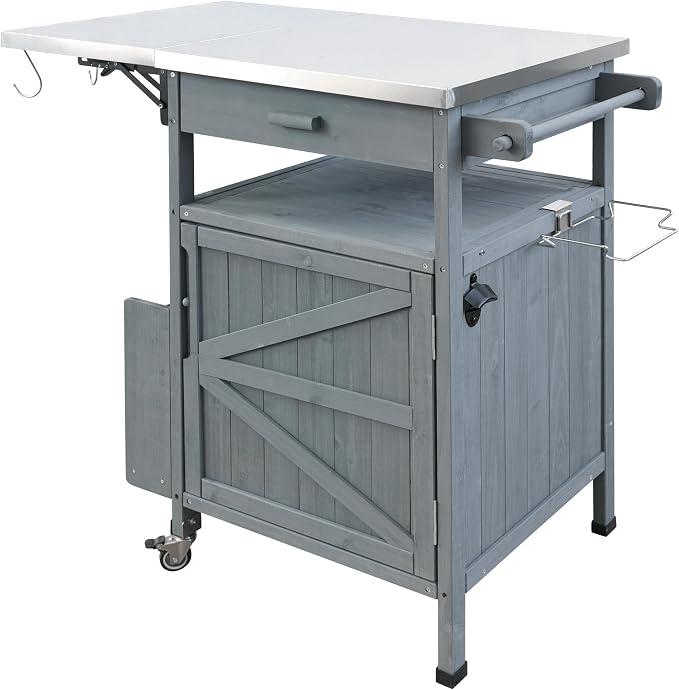YOPTO 40.5" Outdoor Grill Cart,Stainless Steel Top,Fir Wood Cabinet,Drop Leaf,Lockable Wheels,Ample Storage,Towel Rack,Spice Rack,Bottle Opener,Blue Grey
