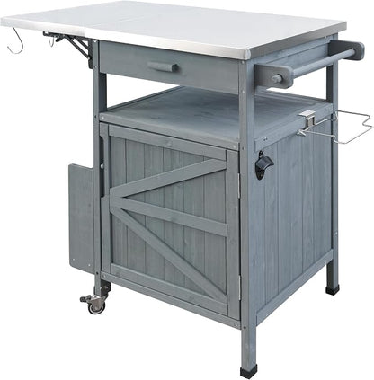 YOPTO 40.5" Outdoor Grill Cart,Stainless Steel Top,Fir Wood Cabinet,Drop Leaf,Lockable Wheels,Ample Storage,Towel Rack,Spice Rack,Bottle Opener,Blue Grey