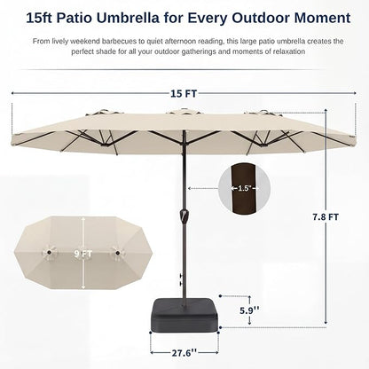 15FT Large Patio Umbrella with Base, Double Sided Rectangular Outdoor Umbrella with Sturdy Fiberglass Ribs, UPF 50+ Sun Protection, Wind-Resistant, Waterproof Fade-Resistant Fabric for Pool, Garden, Backyard, Deck(Creamy-white)