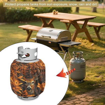Camper Dual Propane Tank Cover Camo Deer Outdoor 600D Heavy Duty Waterproof Covers Fits Standard 20 lb Cylinder, 13.7'' x 16.5'' for Rv Traile
