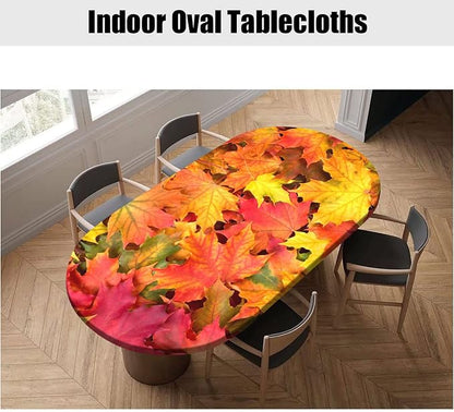 Autumn Oval Maple Leavs Fitted Table Covers, Fall Orange Yellow Leafs Pattern Print Oblong Tablecloths, Fits to 48x68 In Tables, Elastic Edged Table Cloth for Thanksgiving Day Outdoor Party and Patio