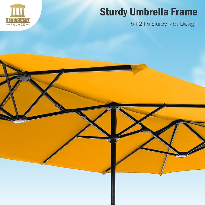 HERA'S PALACE 13 ft Large Double-Sided Twin Patio Umbrella, Outdoor Market Umbrella with Crank Handle, Powerful UV Protective, Gold Yellow