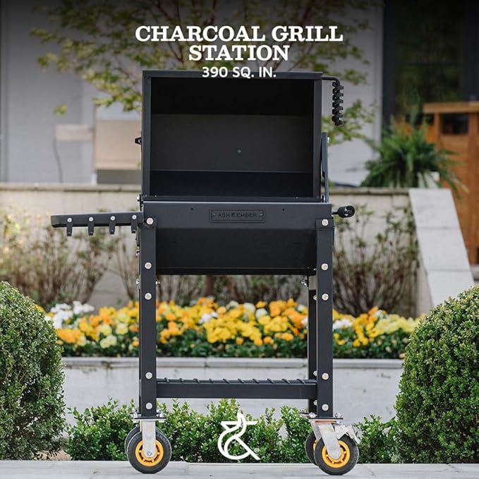 Ash & Ember 390 Sq. In Patio Cart Charcoal Grill with Cover, Side Shelf and Tool Hooks for BBQ Cooking Prep & Accessories, Mobile Heavy-Duty Park-Style Outdoor Grills & Smokers