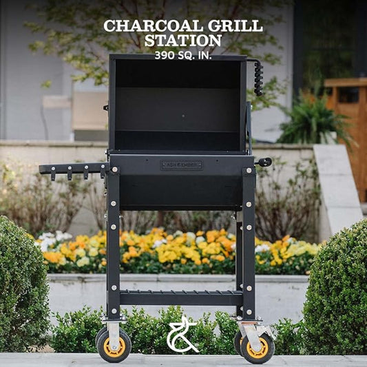 Ash & Ember 390 Sq. In Patio Cart Charcoal Grill with Cover, Side Shelf and Tool Hooks for BBQ Cooking Prep & Accessories, Mobile Heavy-Duty Park-Style Outdoor Grills & Smokers
