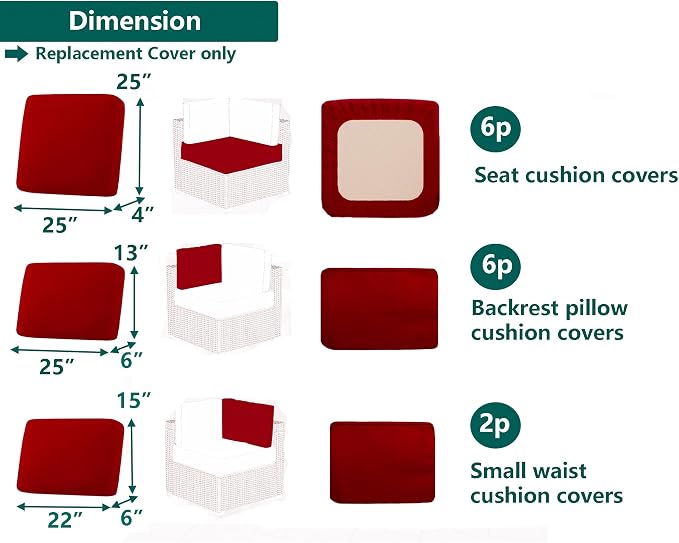 Outdoor Cushion Covers Replacement 14 Pcs, Red | Patio Cushion Covers fit for 7Pieces 6-Seater Wicker Rattan Sectional Couch Sofa Outdoor Cushion Slipcovers