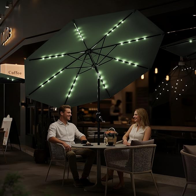 Garvee patio Umbrella with Solar Lights, Outdoor Table Umbrella with 8 Durable Ribs, Tilt & Crank Mechanism, Waterproof & UV Protection for Garden, Backyard, Poolside,