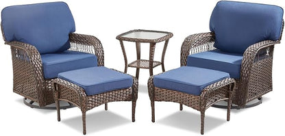 Belord Wicker Swivel Rocker Patio Chairs with Ottoman, All-Weather Wicker Outdoor Furniture Set, 5 Piece Patio Conversation Furniture Set,Blue
