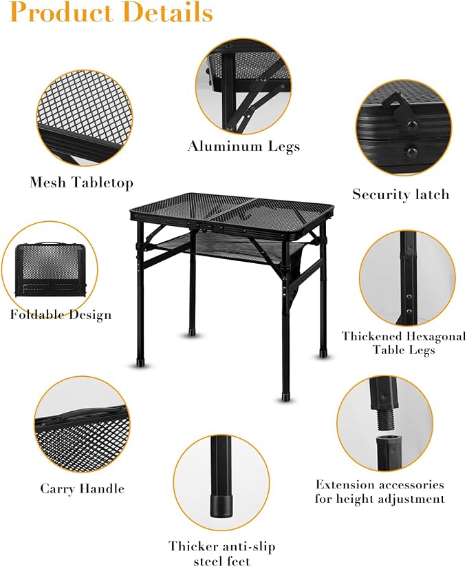 Honagu Folding Grill Table, Height Adjustable Metal Picnic Outdoor Table, Portable Camping Table for Outdoor Camping, Patio, Dining, BBQ, Party, Travel Cooking,Small 23.6"×15.7"Lightweight, Waterproof