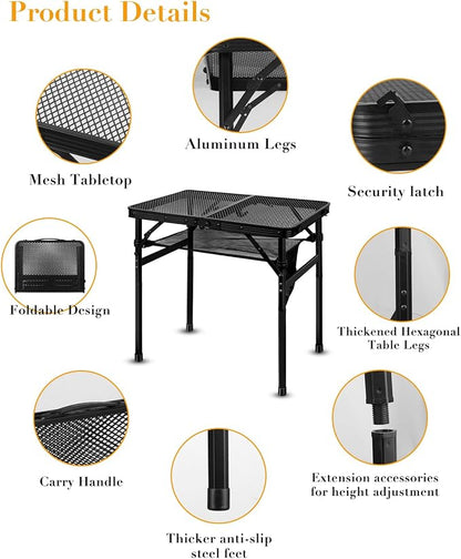 Honagu Folding Grill Table, Height Adjustable Metal Picnic Outdoor Table, Portable Camping Table for Outdoor Camping, Patio, Dining, BBQ, Party, Travel Cooking,Small 23.6"×15.7"Lightweight, Waterproof