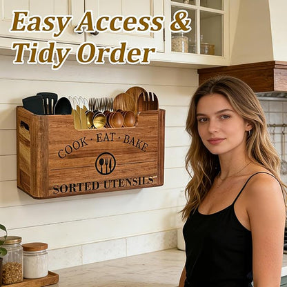 Upgraded Acacia Wood Kitchen Utensil Holder, Warm Aesthetic 3 DIY Storage Modes, Rustic Extra Large Utensil Holder for Countertop, Farmhouse Decor & Island
