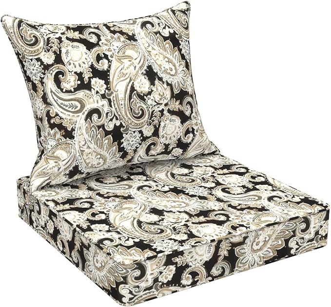 DYTXIII Outdoor Deep Seat Cushion Set, Water Repellent 24"x24" Patio Thick Cushions Replacement with Seat & Back Pillow for Patio Sofa, Wicker Chair, Couch - Paisley Black