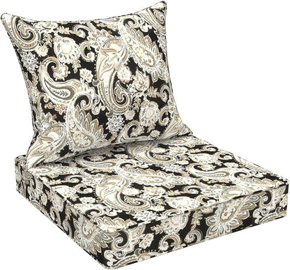 DYTXIII Outdoor Deep Seat Cushion Set, Water Repellent 22"x22" Patio Thick Cushions Replacement with Seat & Back Pillow for Patio Sofa, Wicker Chair, Couch - Paisley Black