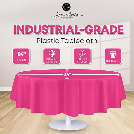 Grandipity 12 Pack Premium Disposable Plastic Tablecloth 84" Inch Decorative Round Table Cover - Hot Pink
