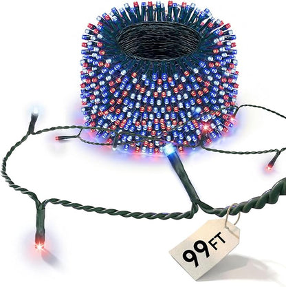 LitHome 4th of July Decorations Outdoor Waterproof, 99FT 300 LED String Lights Outdoor Red White and Blue, 8 Modes String Lights with Timer & Memory for Independence Day Tree Holiday Party