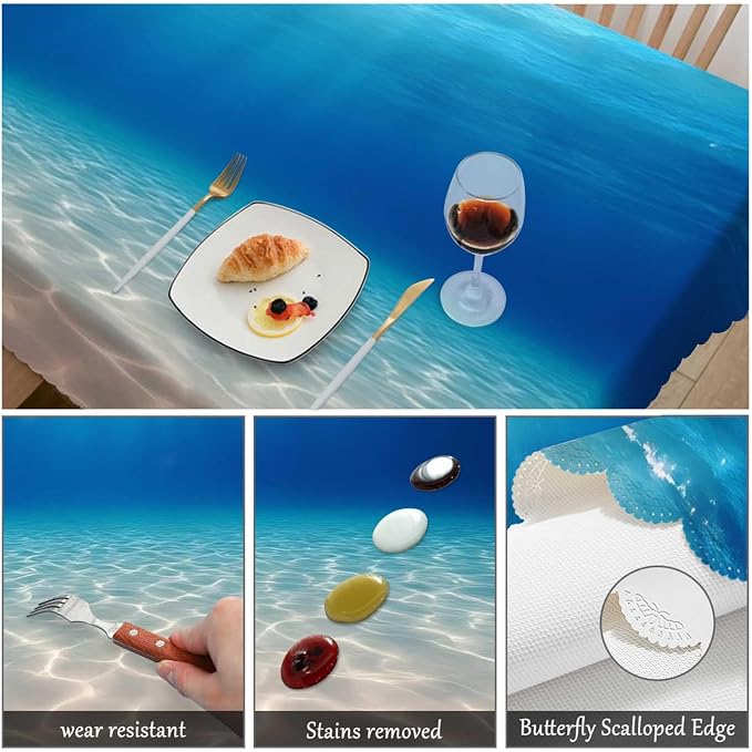 Swono Ocean Blue Rectangular Tablecloth Underwater Ocean Sandy Sea Bottom Washable Table Cloth Kitchen Dining Room Table Cover for Party Dinner Wedding 50x72 Inch Tablecloths