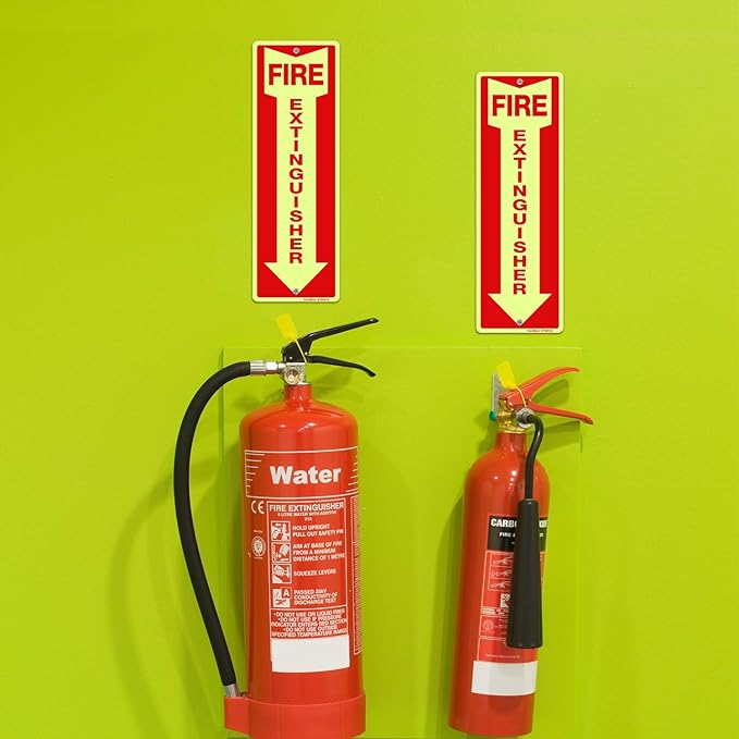 GicnKeuz Fire Extinguisher Sign,12×4 Inches Glow-In-The-Dark Aluminum Fire Extinguisher Signs with a Phosphorescent Film Layer,2 Pre-drilled holes,Easy to Install,Indoors and Outdoors Use (12-pack)