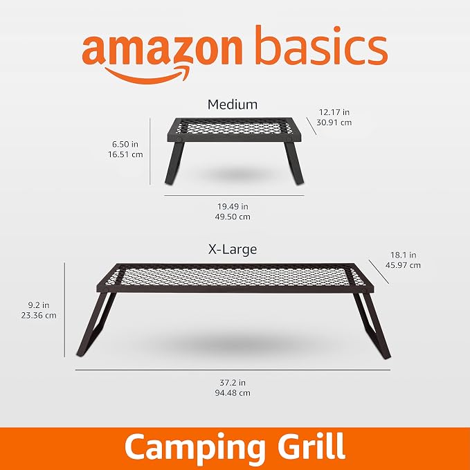 Amazon Basics Heavy-Duty Portable Camping Grill Grate for Outdoor Open Flame Cooking, Foldable, Sturdy, 15.9" x 12.2", Black