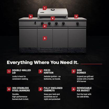 Tytus Fresno 5-Burner Propane or Natural Gas Island Grill – 864 sq. in. Cooking, 48,000 BTU Main + 12,000 BTU Side Burner, Porcelain Grates, Storage Cabinets, Semi-Portable - GM/Graphite Deluxe Kit