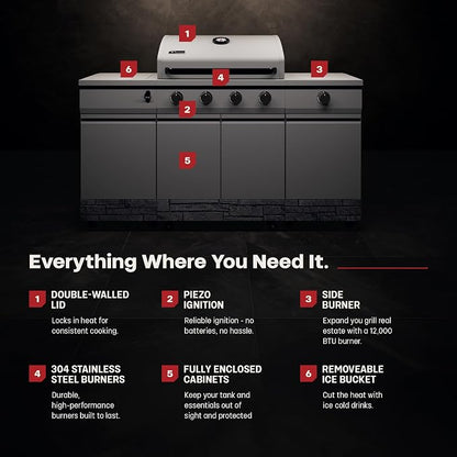 Tytus Fresno 66" 5-Burner Propane or Nat Gas Island Grill, 60K Total BTUs | Pre-assembled for fast install, 864 sq inch cooking area with Side Burner, Storage, Ice Bucket - Gunmetal / Graphite Island
