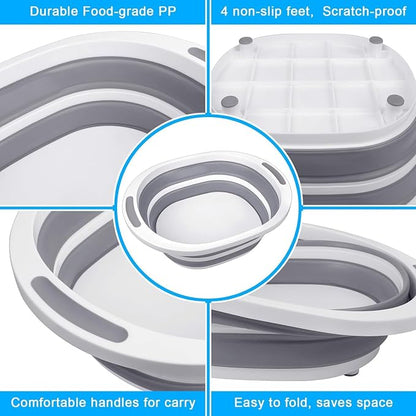 Collapsible Wash Basin, 7.5L Dish Tub Sink Basin Folding Dish Pans for Kitchen Sink, 2-in-1 Dishpan + Cutting Board, Portable Sink Dish Basin for Camping BBQ Prep Tub Washing Bin with Drain Plug + Lid
