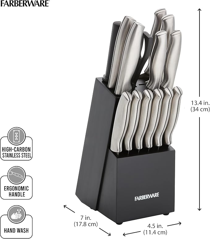 Farberware 15-Piece Knife Block Set, High-Carbon Stainless Steel Kitchen Knife Set with Black Wood Block, Chef Knife, Bread Knife, Santoku, Steak Knives and Sharpening Steel