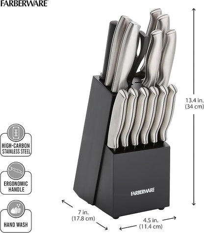 Farberware 15-Piece Knife Block Set, High-Carbon Stainless Steel Kitchen Knife Set with Black Wood Block, Chef Knife, Bread Knife, Santoku, Steak Knives and Sharpening Steel