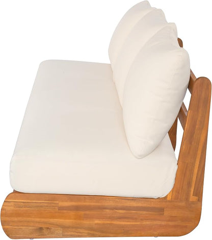 Merax Outdoor Acacia Wood Sofa with All-Weather Cushions, Patio Low 3-Seater Lounge Sofa for Porch, Lawn, Backyard, Balcony, Beige +Teak