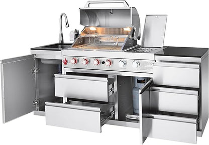 BBQ Outdoor Kitchen Island Grill Barbecue Modular Patio Kitchens Kits with Electric Rotisserie, Sink, fridge, and Burner for More than 10 People