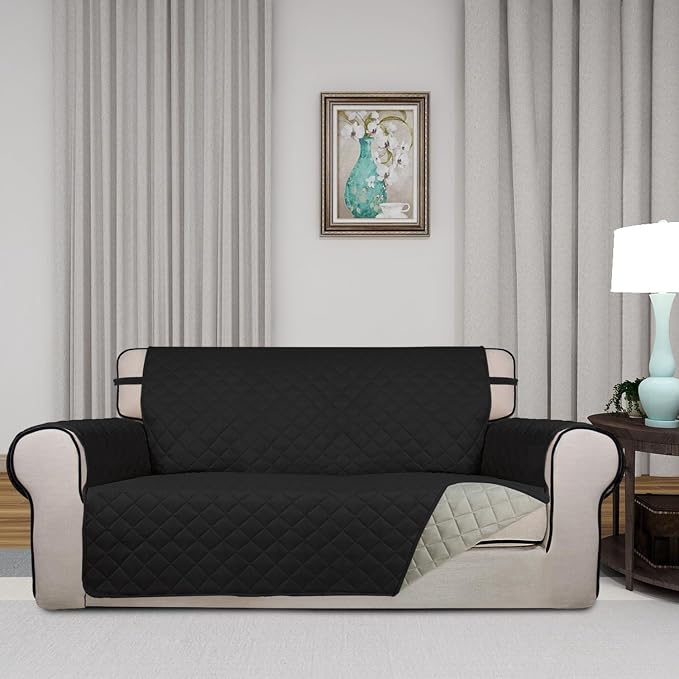 PureFit Reversible Quilted Couch Covers for Dogs Loveseat Sofa Cover 54" | Black/Beige, Water Resistant Couch Protector, Washable Pet Couch Cover with Non Slip and Elastic Straps For Kids