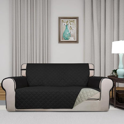 PureFit Reversible Quilted Couch Covers for Dogs Loveseat Sofa Cover 54" | Black/Beige, Water Resistant Couch Protector, Washable Pet Couch Cover with Non Slip and Elastic Straps For Kids