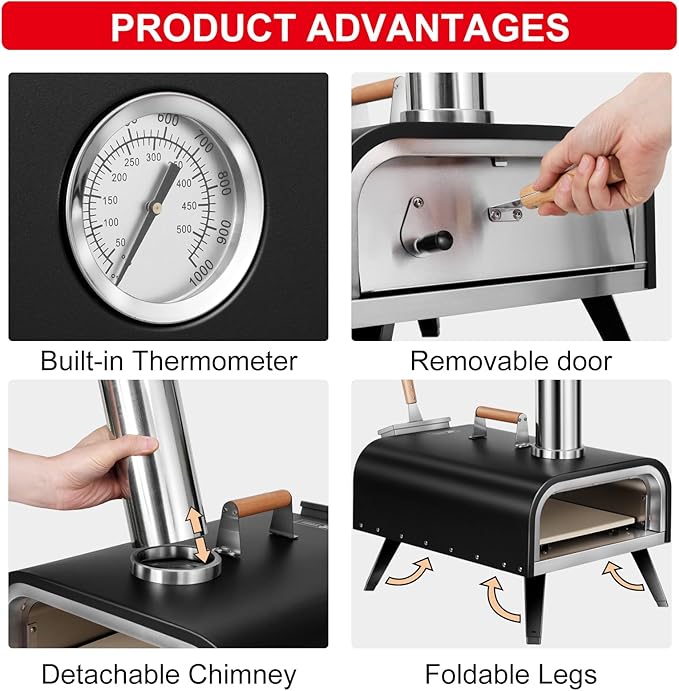 Outdoor Wood Fired Gas 12'' Pizza Oven Multi-Fuel, Gas Burner, Wood Tray, Portable, Oven Grill, Outside, Backyard, Pizza Maker, oven gloves, Peel, Cutter (Gas Fire)