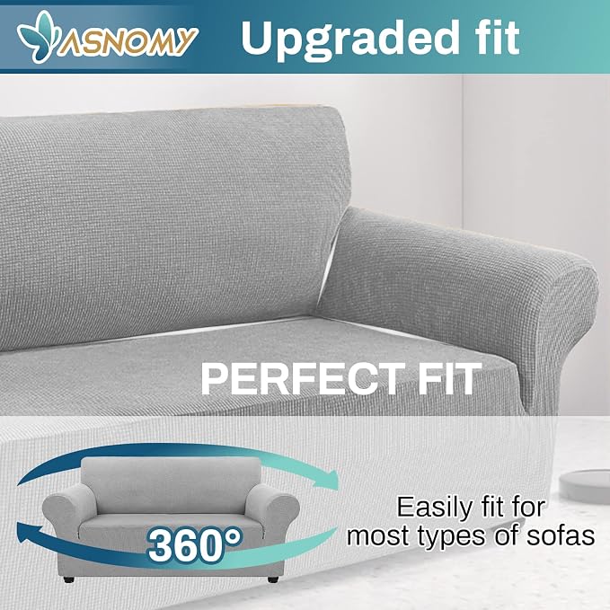 Asnomy Stretch Couch Covers Washable, loveseat Cover Slipcovers,Silver | 1-Piece Sofa Cover(55"-78") loveseat cover Furniture Protector Soft Jacquard,Non-Slip Elastic Bottom for Dogs & Kids