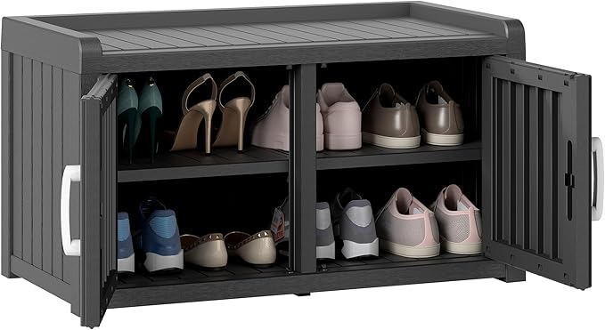 NUNU LAB Shoe Cabinet for Entryway,Waterproof Shoe Storage Cabinet with Adjustable Shelves for Living Room,Resin Storage Bench with Seat for Hallway,Shoe Bench with Doors for Foyer(Black, 2-Door)