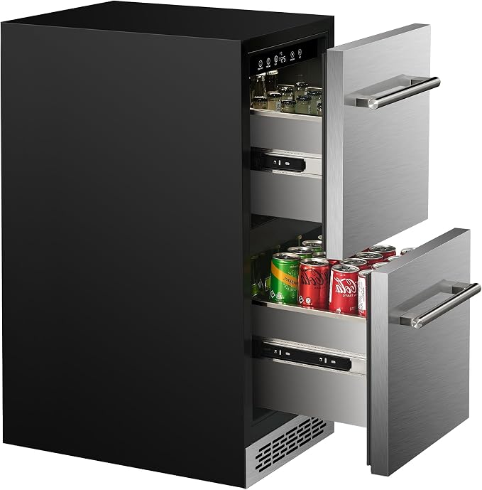 15 Inch Double Drawer Refrigerator,Under Counter Beverage Fridge for Indoor Outdoor Kitchen,3.39 Cu.Ft. Waterproof Silver&Black Stainless Steel Refrigerator