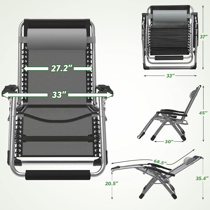 ZENPETIO Oversized Zero Gravity Chair, 33In XXL 500LBS with Cushion | Anti Gravity Recliner Lounge Chair with Aluminum Alloy Lock & Footrest, 90-170° Adjustable, for Lawn Patio Indoor Outdoor