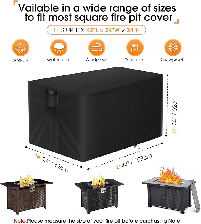 POMER Fire Pit Cover, Rectangular 42inch Firepit Cover for Outdoor Fireplace Waterproof Propane Fire Table Cover - 42x24x24 inch