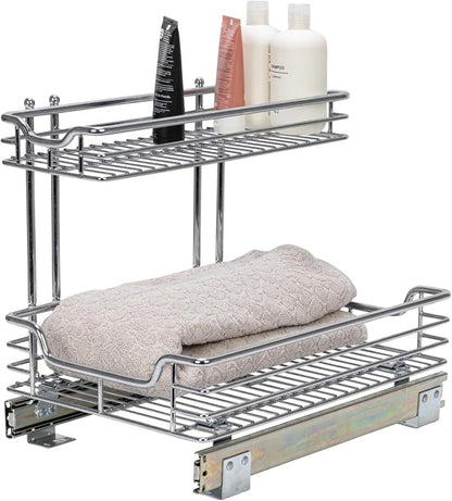 Household Essentials Glidez 2‑Tier Multipurpose Chrome‑Plated Steel Pull‑Out/Slide‑Out Under Sink Organizer, Chrome Finish