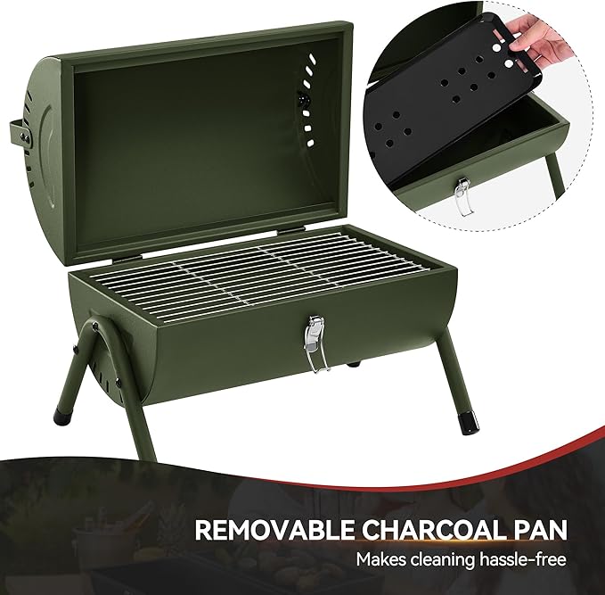 Royal Gourmet CC1015L Portable Charcoal Grill, 147 Sq. In. Cooking Area, with Four Air Vents, Lid Latch Buckle, Lid Handle, for Outdoor Backyard, Patio Parties and Picnics, Olive Green
