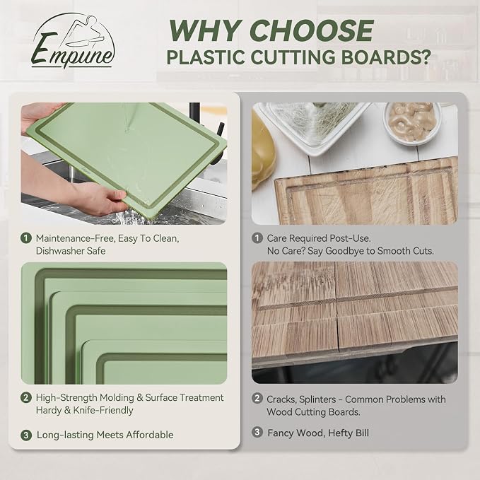 Empune 3-Piece Plastic Cutting Boards for Kitchen - Thick & Non-Slip Chopping Board Set with Juice Grooves, Dishwasher Safe, BPA Free, Includes Large & Small Sizes, Green