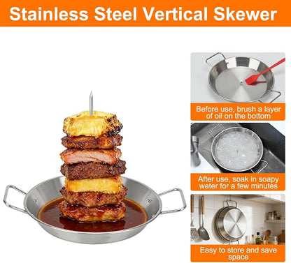 Al Pastor Skewer for Grill, Stainless Steel Shawarma Skewer Stand Vertical Pan with 3 Removable Spikes (8”/10"/12”) & Brushes for Tacos Al Pastor, Grill Smoker Oven BBQ
