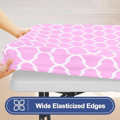Smiry 2 Pack Rectangle Table Cloth 4 Foot, Waterproof Elastic Fitted Tablecloths, Windproof Washable Polyester Table Cover for Picnic, Camping, Outdoor (Pink, 30"x48")