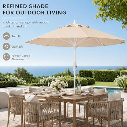 Treasure Garden 9ft Patio Umbrella - Outdoor Furniture Market Umbrella – Deluxe Auto-Tilt – White Aluminum Frame (Sunbrella, Natural)
