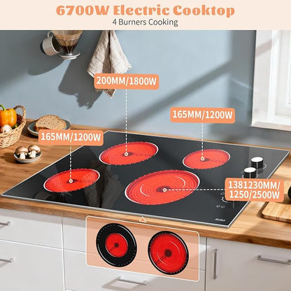 Electric Cooktop 30 Inch Hobsir, 4 Burner Electric Stove Top 6700W, Knob Control Built in Cook top, 30" Electric Stove Top Burner with Glass Protection Metal Frame, Double-ring burner, 220-240v