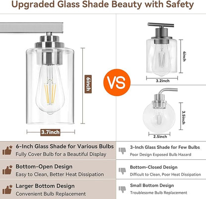 VerRon 4-Light Bathroom Light Fixtures, 27" Brushed Nickel Modern Vanity Lights Over Mirror with Clear Glass Shades, Classic Wall Light Fixture for Mirror Living Room Cabinet Bedroom Porch