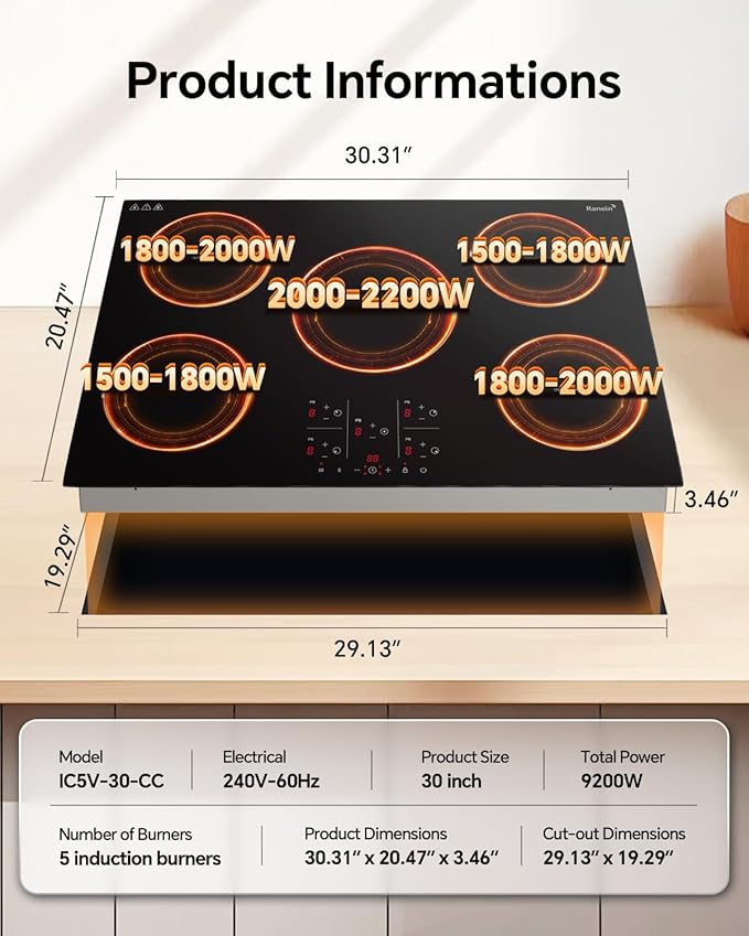 Ranein 30 Inch 5 Burner Induction Cooktop, Max 9200W 240V Durable Panel Built-in Electric Stove Top,with Child Safety Lock, Timer, Over-Temperature Protection
