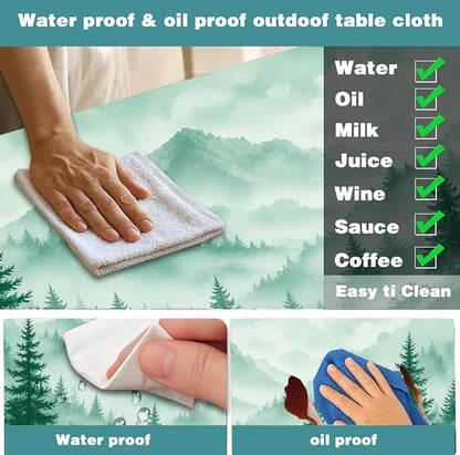 Picnic Table Cover with Bench Covers, Camping Essentials, Green Misty Forest Mountain Waterproof Fitted Outdoor Tablecloth with Elastic Rectangle Table Cloth Camping Accessories, 3 Pcs Set, 30x96 Inch