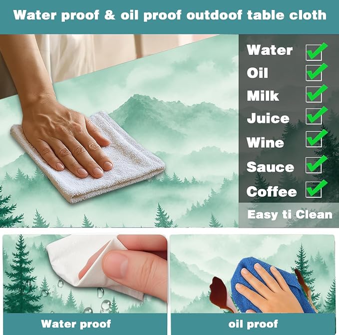 Picnic Table Cover with Bench Covers, Camping Essentials, Green Misty Forest Mountain Waterproof Fitted Outdoor Tablecloth with Elastic Rectangle Table Cloth Camping Accessories, 3 Pcs Set, 30x60 Inch