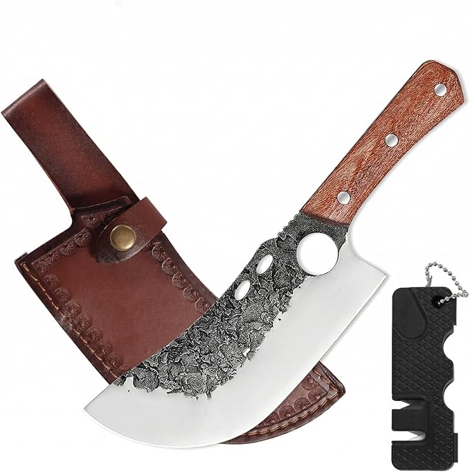 KOFERY Hand Forged Serbian Cleaver Knife with Full Tang 4Cr13 High Carbon Steel, Viking Butcher Knife for Meat Chopping, Outdoor Camp Cooking & BBQ with Leather Sheath & Sharpener