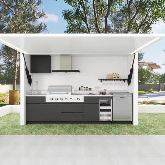 Luxury Outdoor BBQ Kitchen Pod – Modular Stainless Steel Grill Cabinet, Weatherproof Prefab Garden Kitchen for Family Dining, Summer Camping & Rooftop Lounges